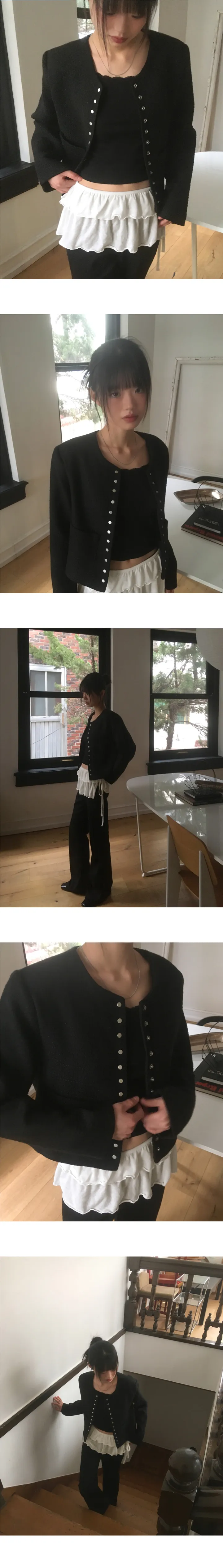 [봄.간절기🌸/포멀.캐주얼🖤/MADE] 라메 스냅 버튼 노카라 하객룩 트위드 자켓 상세 이미지 8