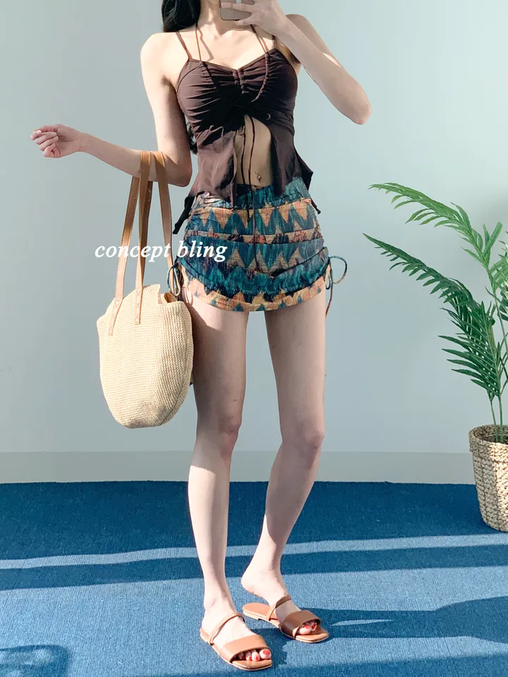 *고퀄* 히피 2pcs 비키니 홀터넥 리본 뱃살커버 스커트 포함 스트링 수영복 컨셉블링 상세 이미지 4