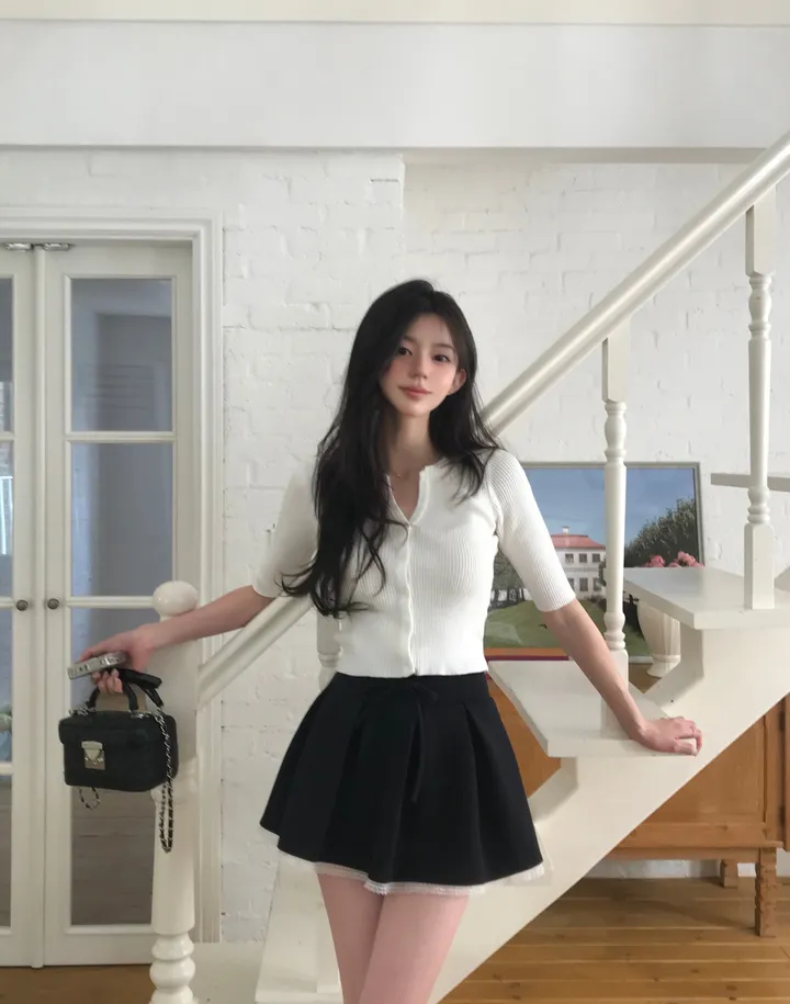 제티 브이넥 단추 반팔 가디건 상세 이미지 5