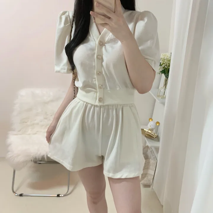 [세트가격/러블리*.*] 하트 퍼프 반팔 루즈핏 크롭 가디건 + 밴딩 와이드 숏 반바지 투피스 세트 3color 상세 이미지 8