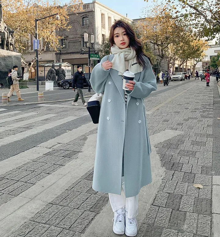 파스텔 더블 버튼 빅카라 테일러드 벨트 모직 롱 코트 상세 이미지 7