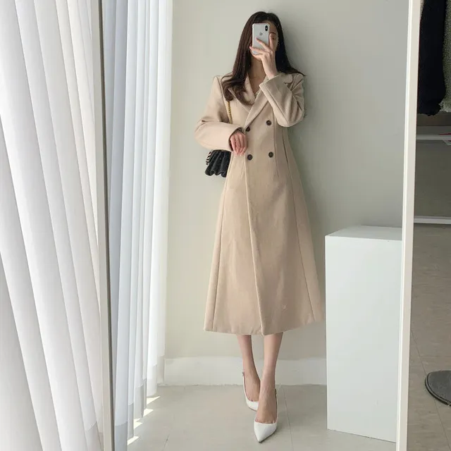 A라인 슬림 롱 플레어 더블 버튼 울코트 블랙 베이지 상세 이미지 33