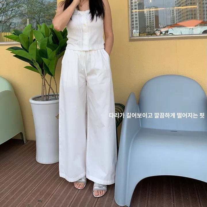 화이트 흰색 핀턱 밴딩 와이드 팬츠 상세 이미지 2