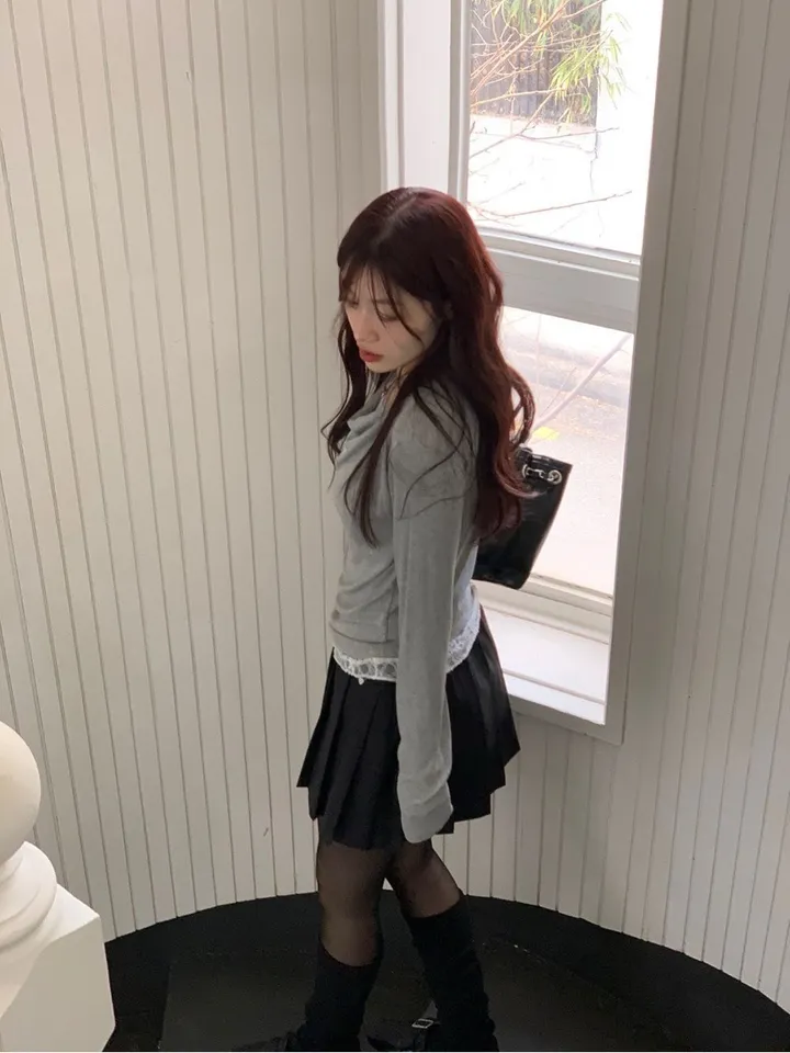 [레이스일체형ෆ군살커버말라핏]이연 텐션 여리핏 드레이프 셔링 레이어드 레이스 골지 롱슬리브 티셔츠 3color 상세 이미지 29