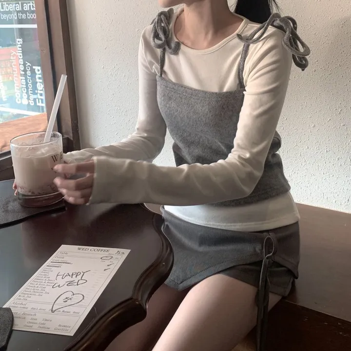 [2ps🎀/퀄리티보장] 레이어드 스트랩 리본 뷔스티에 기모 티셔츠 set 상세 이미지 19