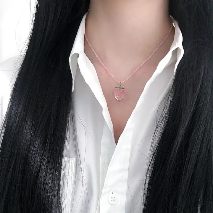 Pink strawberry necklace 캣츠아이 원석목걸이 키치목걸이 상세 이미지 4