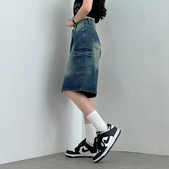 1+1할인 [인생핏/사이즈조절] Y2K 빈티지 워싱 스트랩 카고 와이드 버뮤다 데님 반바지 팬츠 상세 이미지 21
