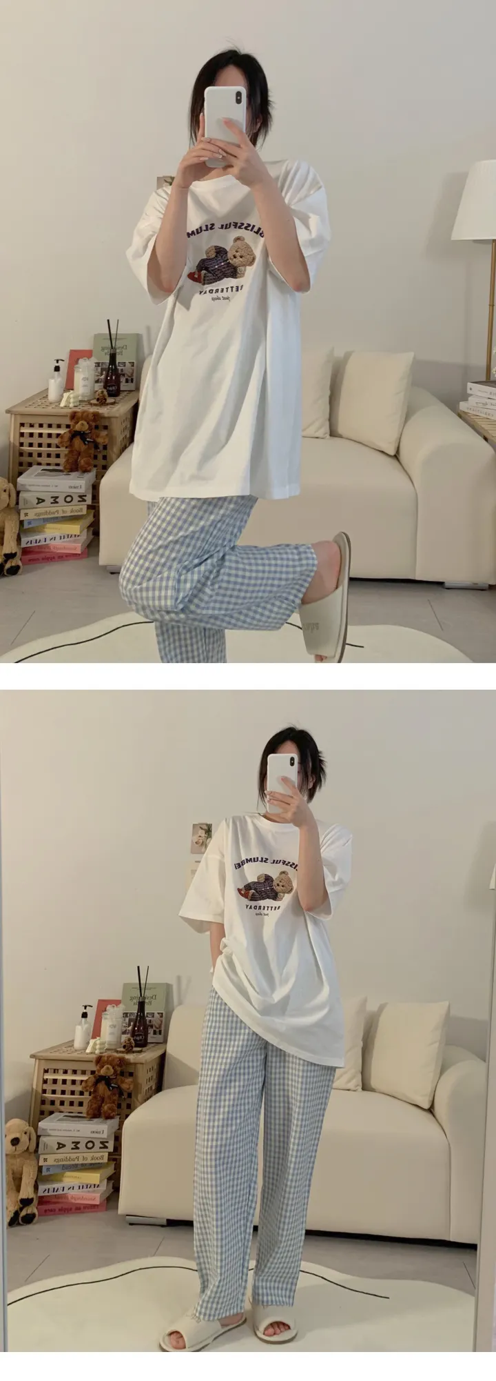 [자체제작]1+1할인 실크느낌 솝 체크 커플 잠옷바지 빅사이즈 파자마 파티 상세 이미지 18