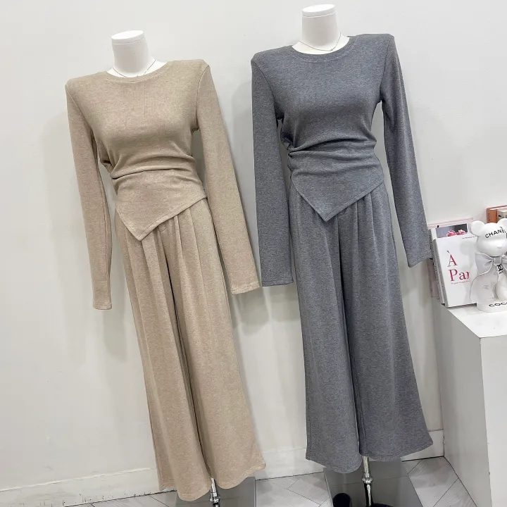 [글램핏/set]*핏보장* 봄신상 간절기까지 쭉~ 꼬임 언발 사선 슬림핏 핀턱 와이드팬츠 밴딩슬랙스 버튼 지퍼 하객룩 캐주얼  소재탄탄 꾸안꾸 데일리 멜팅 투피스 세트 3color 상세 이미지 6