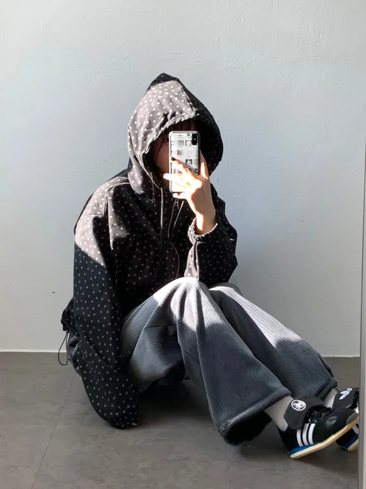 브랜드공장) 도트 데님 하이넥 후드집업 상세 이미지 12