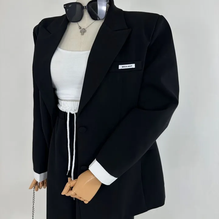 [25SS/*고퀄*/강추코디/하객룩/오피스룩/세트가격💕] 루즈핏 소매 레이어드 배색 미니패치 패드 베이직 자켓 + 하이 배색 밴딩 롱 슬랙스 와이드 팬츠 SET셋업(3COLOR) 상세 이미지 28