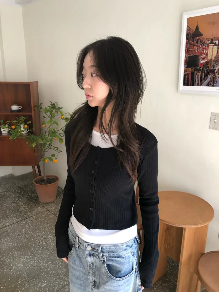 슬림핏 숏 골지 가디건 상세 이미지 9