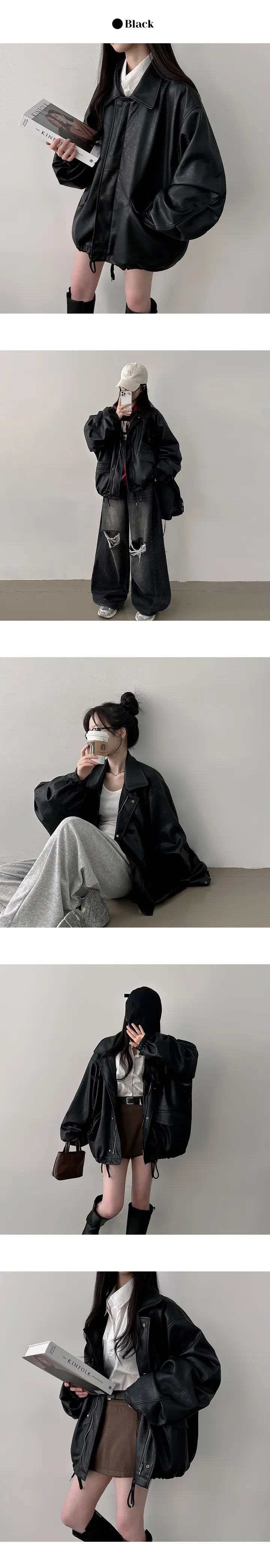 [핏보장/백화점급] 캐너 오버핏 카라 히든 레더 자켓 상세 이미지 19