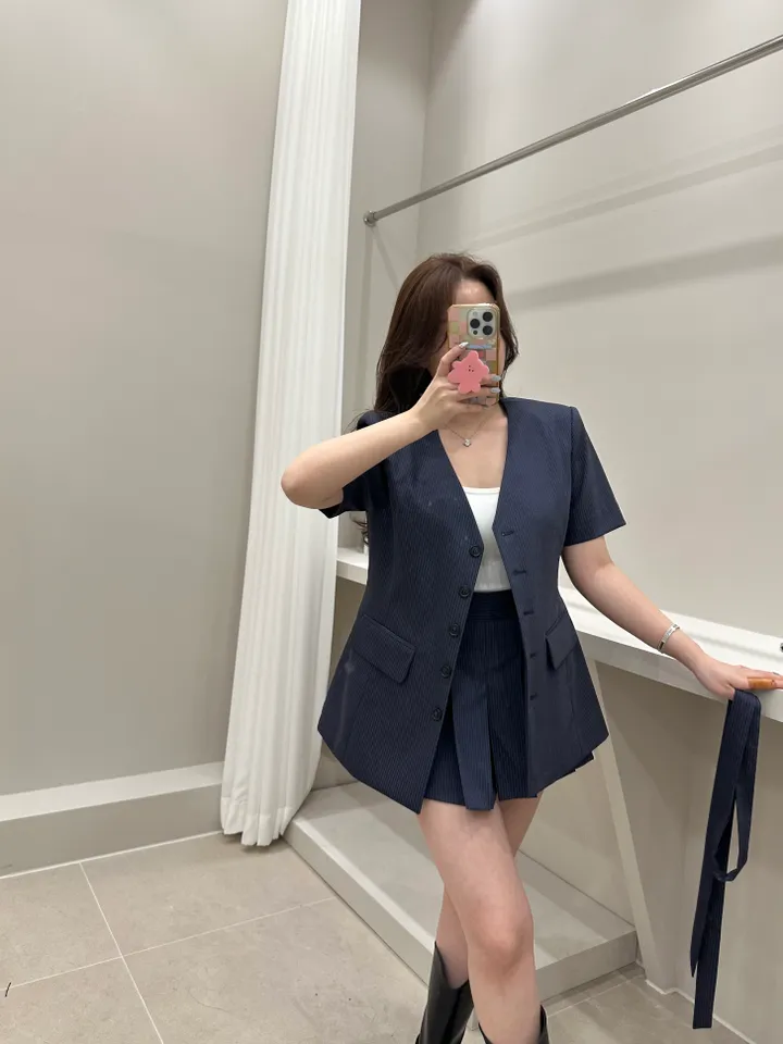 (프리미엄,하객룩)스트라이프 노카라 자켓+플리츠 치마바지세트 상세 이미지 11