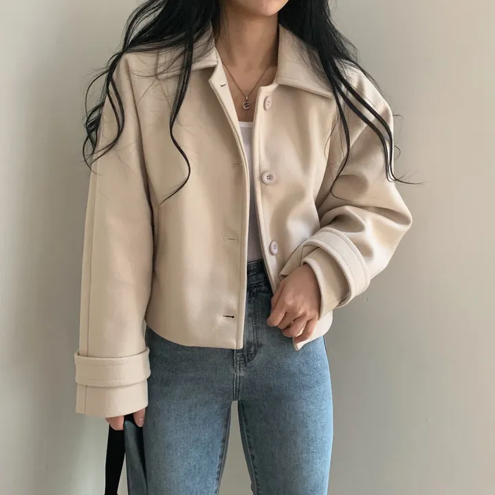 봄가을 크롭재킷 오버핏 아이보리 블랙 싱글버튼 숏코트 상세 이미지 39