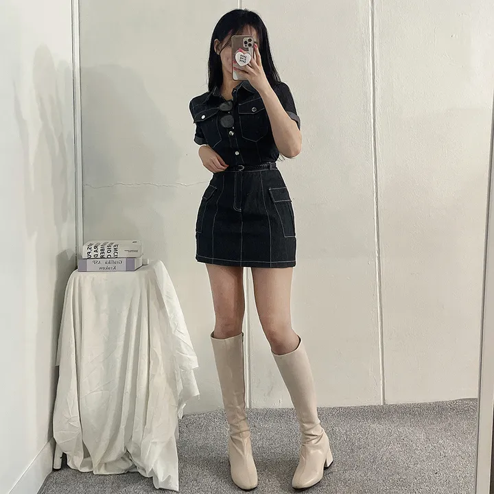 [남방+스커트 SET] 스킬 데님 반팔 남방 셔츠 + 데님 카고 스커트 투피스 세트 (단품or세트구매/2color) 상세 이미지 9
