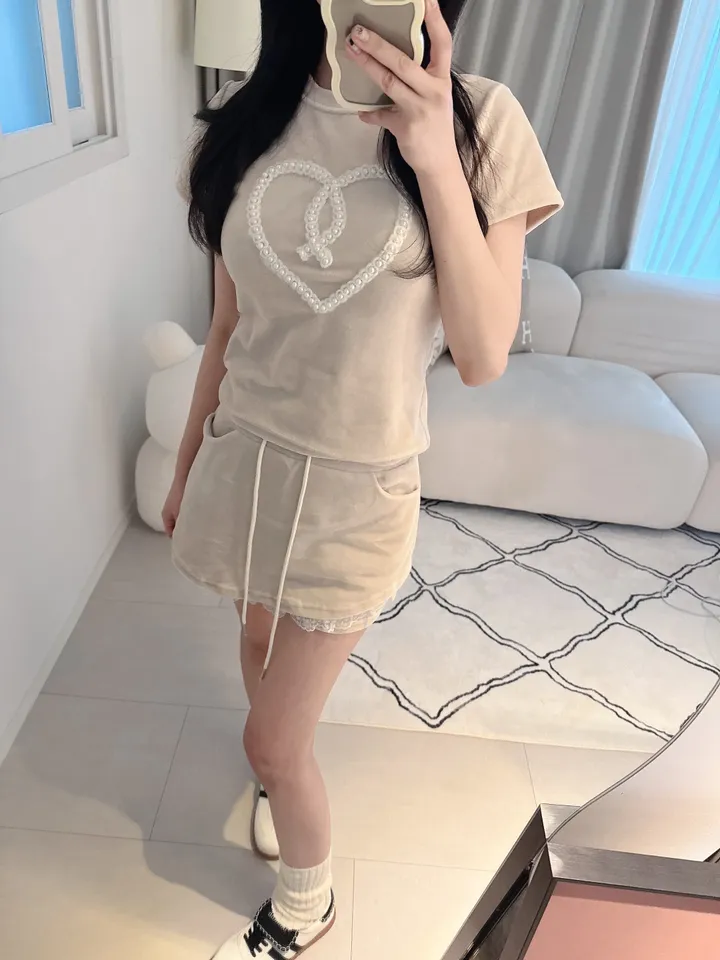 벨로아 피치 진주 하트 레이스 치마바지 투피스 세트 (2color) 상세 이미지 43
