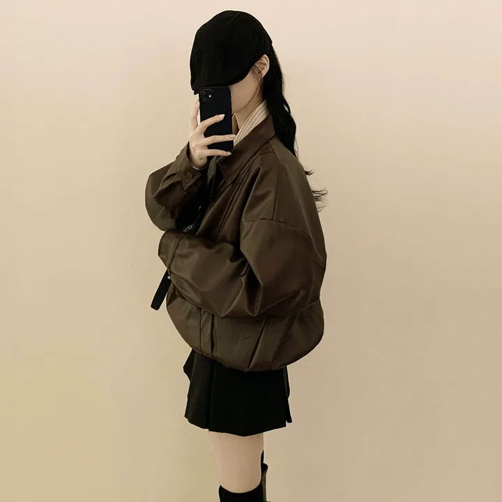 [찐오버핏/고퀄!] 카라 블루종 레더자켓 밴딩 시보리 점퍼 브라운 블랙 상세 이미지 9