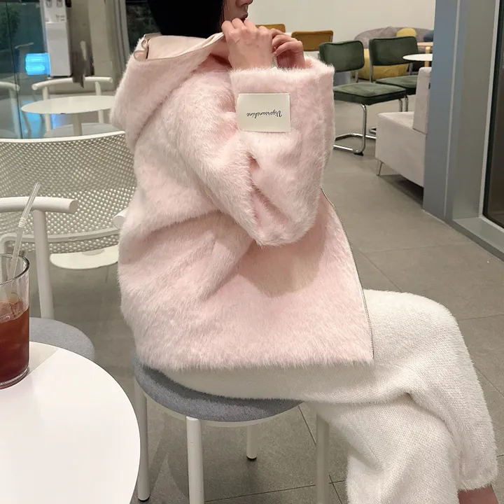 [러블리⛄/털빠짐X] 핑키 딸기우유 소프트 후드 퍼 뽀글이 앙고라 코트 집업 자켓 상세 이미지 20