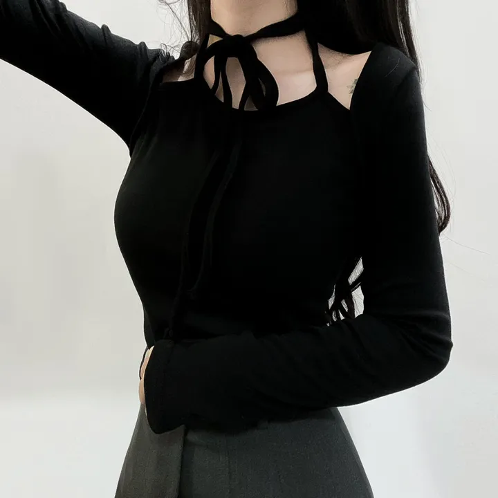 봄신상🌺 [모델강추/3color] 홀터넥 리본 스트랩 어깨 트임 티셔츠 상세 이미지 8