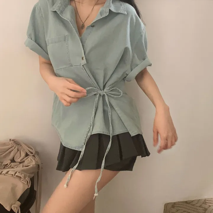 [단독판매🤍/리본포인트!] 데님 사이드 리본 포인트, 루즈핏 카라셔츠 남방 - 2color 상세 이미지 17