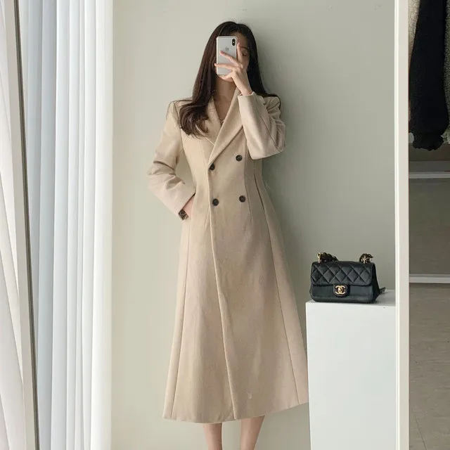 A라인 슬림 롱 플레어 더블 버튼 울코트 블랙 베이지 상세 이미지 45