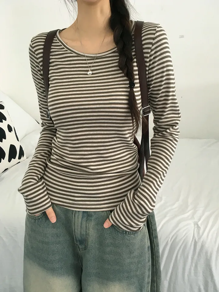 [슬림핏!/간절기,봄필수! 잔단가라 라운드넥 단가라티셔츠 긴팔티셔츠 이너티 기본티] 엘리슬림핏단가라긴팔T 상세 이미지 10