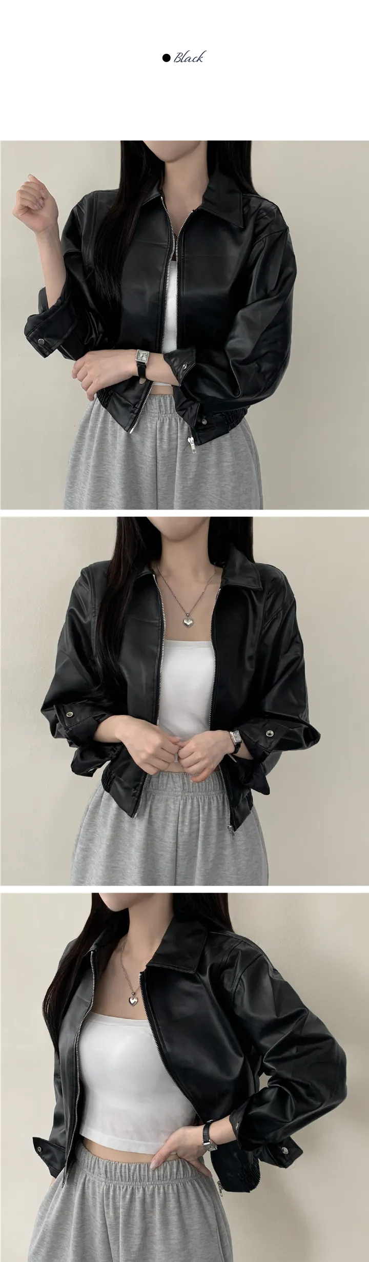 [예쁨보장/가을무드] 블루종 박시 카라 크롭 라이더 가죽 레더 자켓 3color 상세 이미지 10