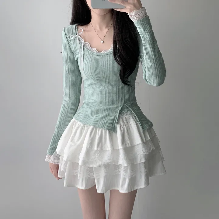 [은은한펄/러블리] 트윙클 골지 슬릿 펄 긴팔 티셔츠+레이스 리본 나시&슈아 밴딩 캉캉 미니 스커트 투피스 쓰리피스 코디세트 단품 세트 상세 이미지 15