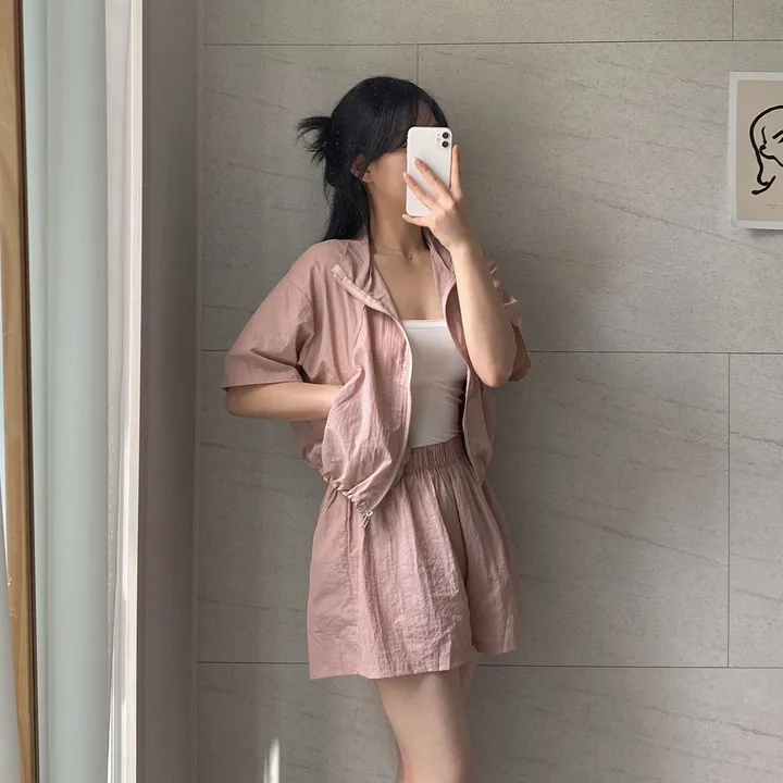 [바스락트레이닝set!/데일리4컬러] 여름 시원한 운동복 바스락 5부 트레이닝복 루즈핏 포켓 하이넥 바람막이 윈드브레이커 무지 스트링 밴딩 반바지 트레이닝 아노락 세트 셋업 상세 이미지 13