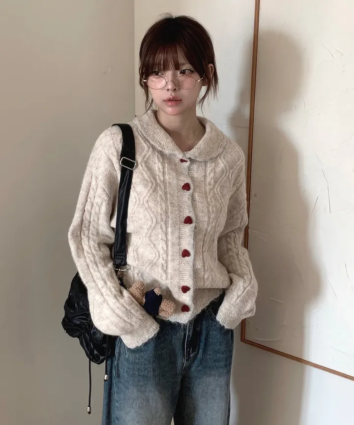 [MD추천✨러블리] 우토 하트 단추 카라 배색 니트 가디건 봄 가을 / 니트가디건 가디건 봄가디건 아우터 바람막이 청자켓 뮤잉 상세 이미지 14