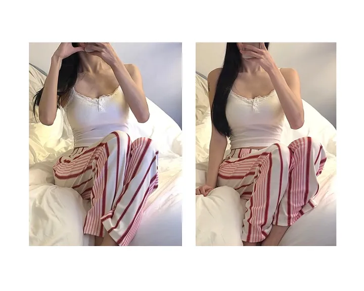 [캡내장/몸매보정] 나시 스트라이프 잠옷세트 캔디팝팝 투피스 긴바지잠옷 홈웨어 파자마 2color 상세 이미지 12