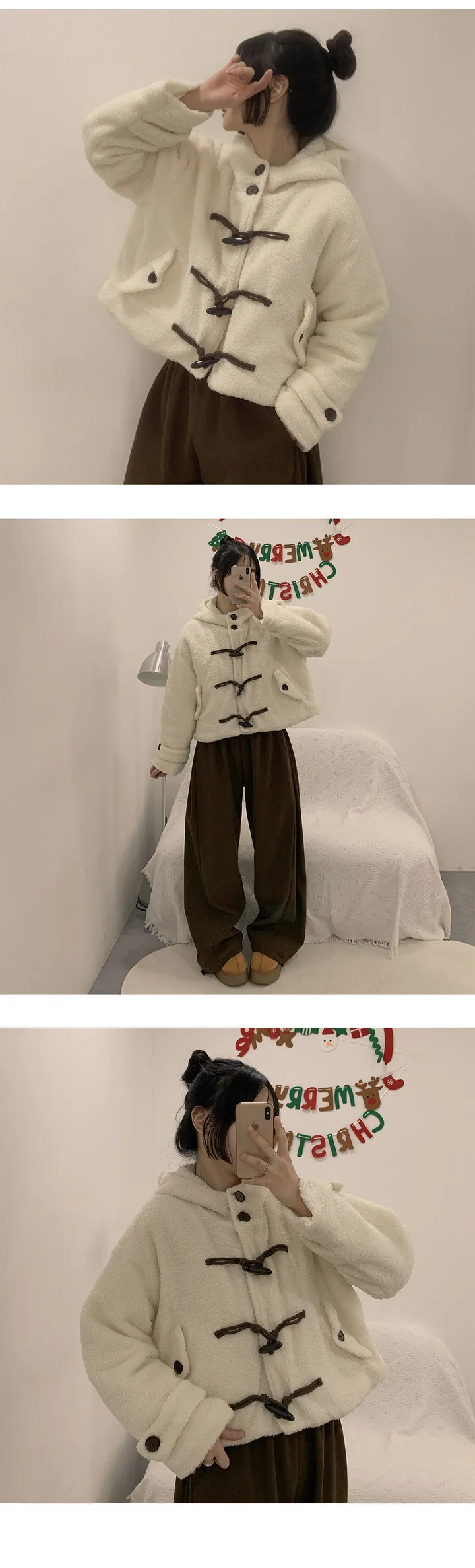 🎀가성비템이라 불러주세요! [양털/누빔안감/후드] DJ 하이넥 투버튼 더플 버튼  소매 포켓 포인트 세미크롭 후드 점퍼 자켓 3Color 상세 이미지 7