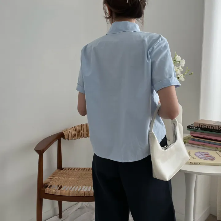 [비침X,베이직] 8컬러 제이 크롭 카라 코튼 반팔 셔츠 상세 이미지 4