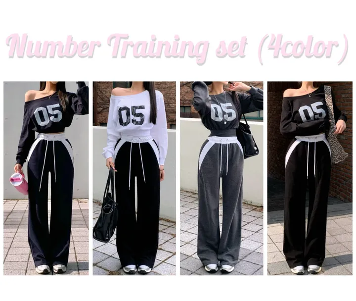 *최저가* [꾸안꾸🕶/핏보장] 넘버 크롭 오프숄더 맨투맨+와이드팬츠set 레터링맨투맨 배색 일자팬츠 트레이닝세트 셋업 상세 이미지 1