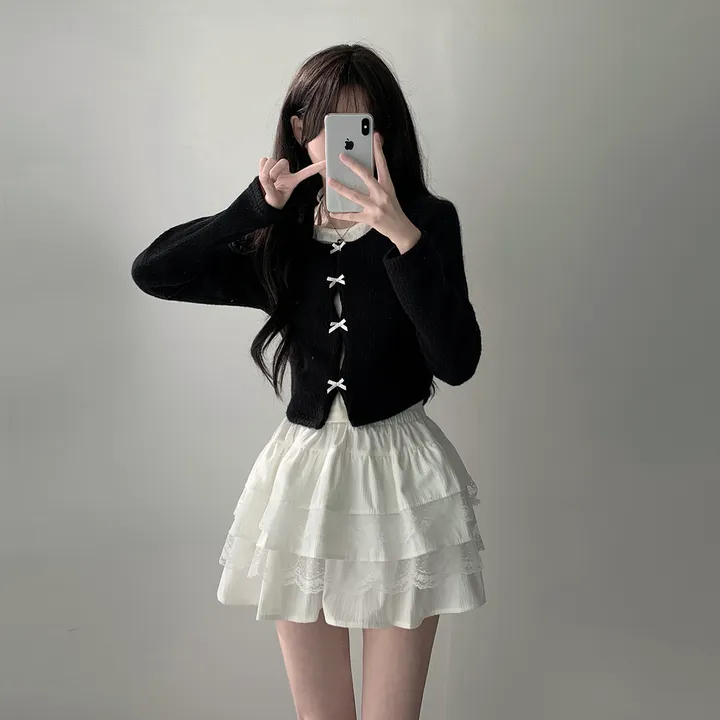 *봄가을ver추가* [코디세트/완전귀여운!] 뮤즈 보들 리본 트임 홀터넥 나시 레이어드 일체형 니트 + 슈아 밴딩 골지 레이스 캉캉 스커트 투피스 세트 상세 이미지 13