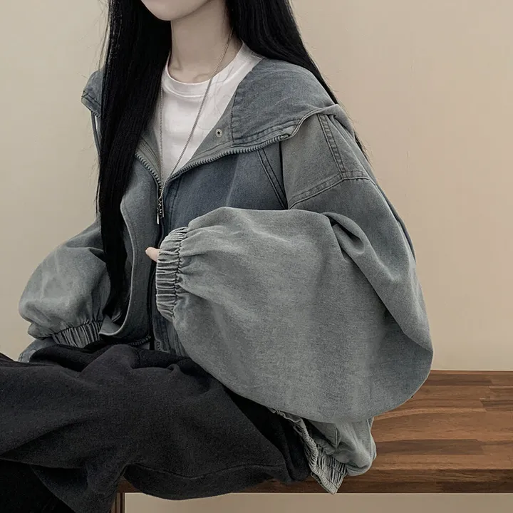[남여공용/왕오버핏] 데님 투웨이 빅후드 오버핏 워싱 벌룬 청자켓 점퍼 연청 흑청 상세 이미지 11