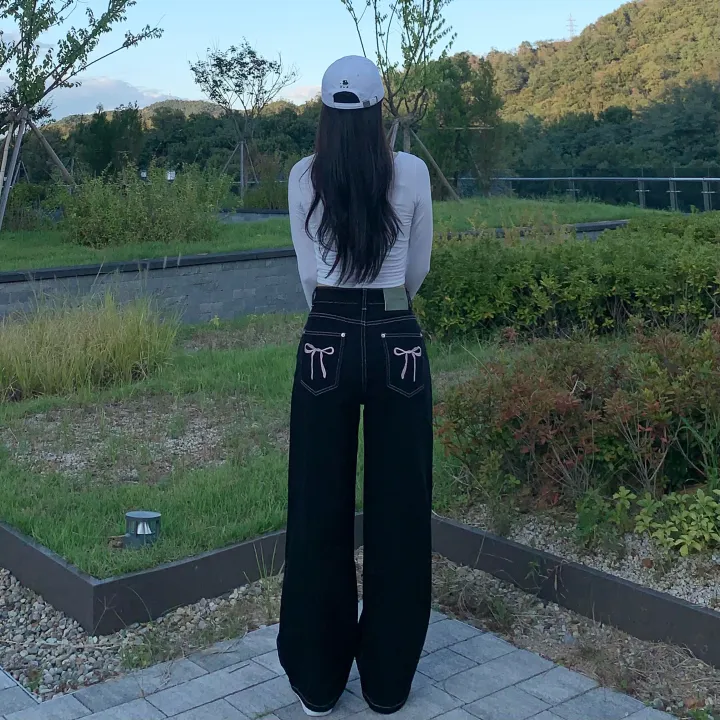 Made![리본포인트🎀/깔끔핏] 핑크 스티치 리본 자수 하이웨스트 와이드팬츠 스트레이트핏 데님 롱팬츠 자체제작 상세 이미지 4