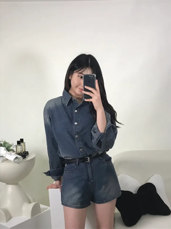 [S,M] 데님 워싱 루즈핏 셔츠+반바지 set 상세 이미지 7