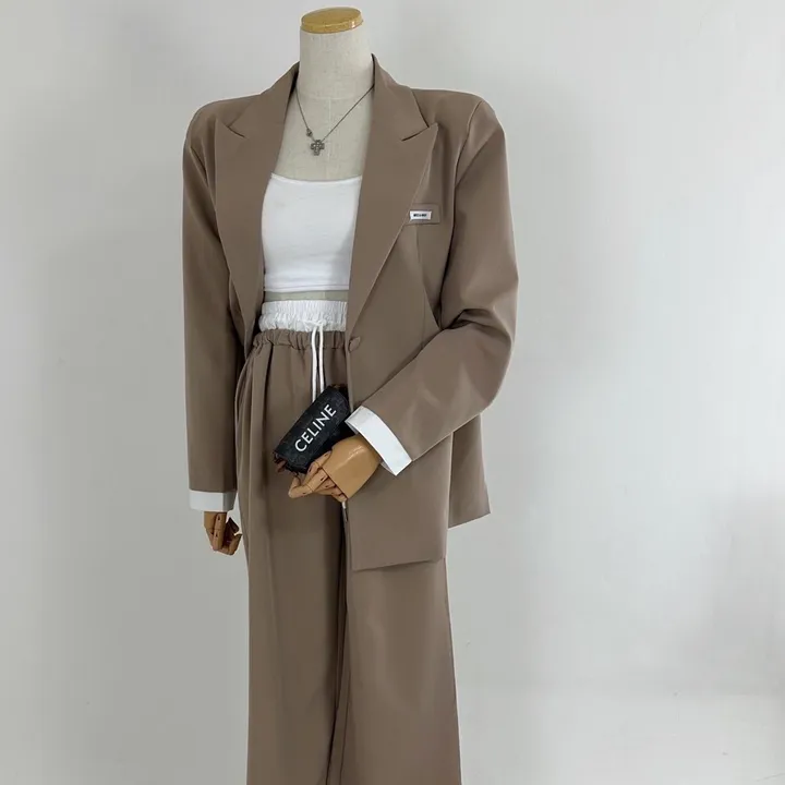 [25SS/*고퀄*/강추코디/하객룩/오피스룩/세트가격💕] 루즈핏 소매 레이어드 배색 미니패치 패드 베이직 자켓 + 하이 배색 밴딩 롱 슬랙스 와이드 팬츠 SET셋업(3COLOR) 상세 이미지 7