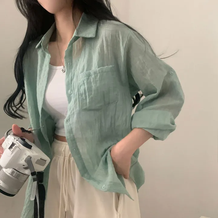 [살안타템17컬러✨/크롭&루즈핏] 햇빛차단, 린넨 시스루 루즈핏 거즈 셔츠/남방 블라우스 상세 이미지 22