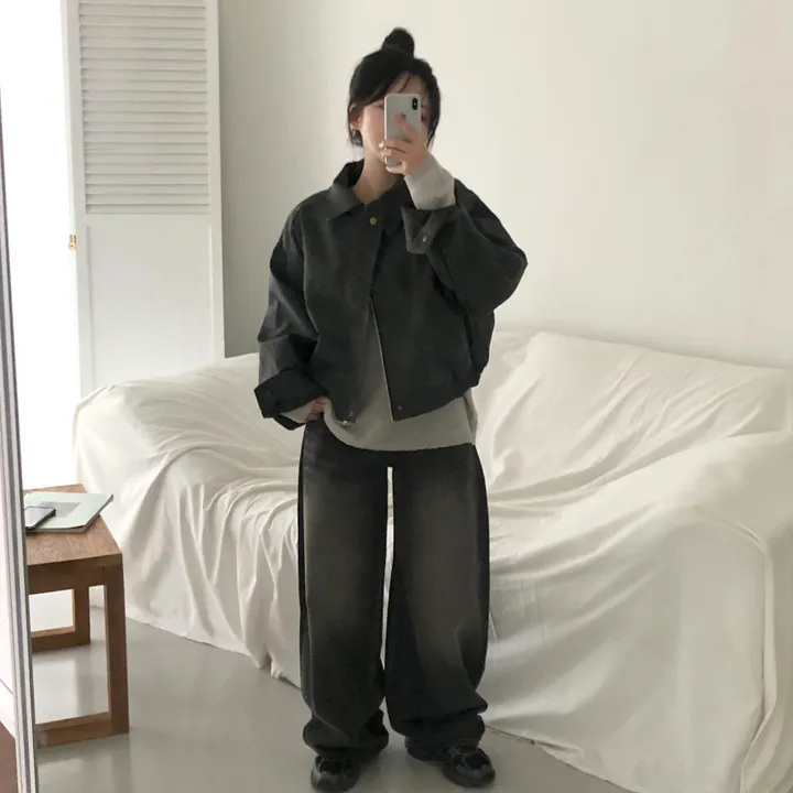 [고급레더!핏보장🤎]매트 무광 오버핏 가죽 레더 스웨이드 블루종 자켓 점퍼 2color 상세 이미지 35