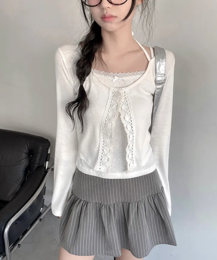 [발레코어💗몸매보정✨] 헤나 레이어드 슬림핏 크롭 유넥 트임 리본 스트랩 원버튼 레이스 가디건 겨울 봄 / 가디건 니트가디건 긴팔티셔츠 레이어드 슬림핏 기본티 이너티 뮤잉 상세 이미지 15