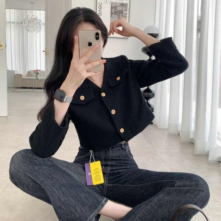 [부분 당일배송🎀1000장돌파!! 리뷰극찬🔥컬러추가!] 트위드 세미 크롭 자켓 노카라 간절기 하객룩 숏자켓 핑크 아이보리 블랙 네이비 - 5colors 상세 이미지 9