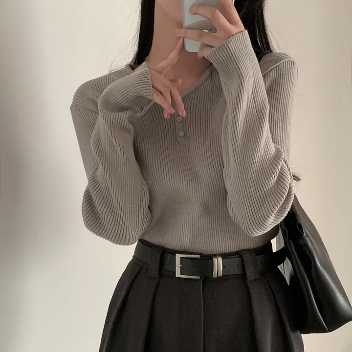 [4계절필수 디자인/연그레이 당일출고✨] 자체제작 #크치Made 젤리 버튼 트임 브이넥 골지 겨울 니트 긴팔티셔츠 - nt 상세 이미지 164