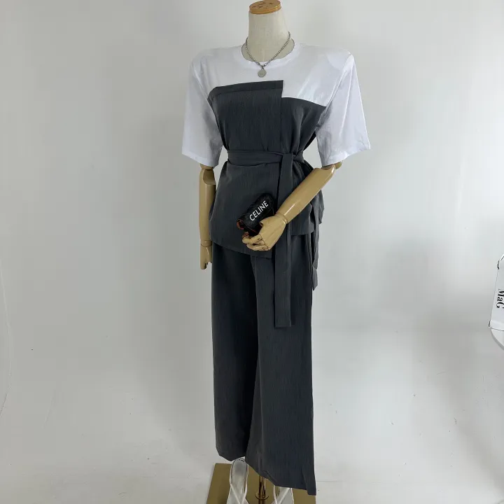 벨트포함[고퀄/패드내장/세트가격/하객룩/오피스룩/격식룩/추천] 루즈핏 언발 레이어드 셔츠 반팔 블라우스 패드 벨트 티셔츠+하이 밴딩 롱 슬랙스 와이드팬츠 셋업 SET(2COLOR) 상세 이미지 13