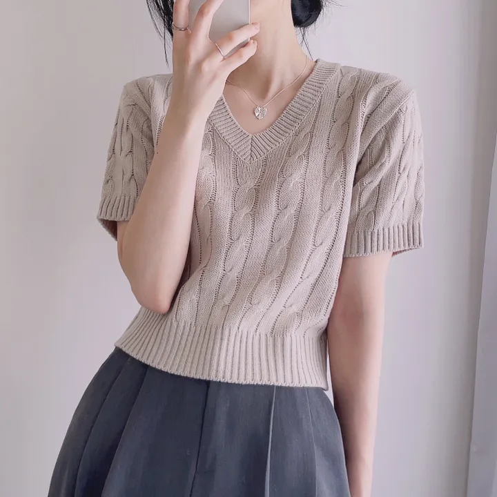 (6color/최저가 보장!) 실물보장! 색감에 반한, 마카롱 꽈배기 브이넥 크롭 반팔 니트 상세 이미지 19