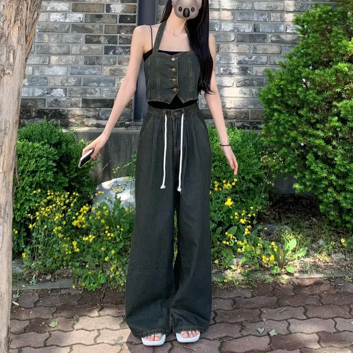 ⁎MADE [코디set/S~L] 치퍼 홀터 데님 크롭 뷔스티에 탑 나시 와이드 롱 생지 워싱 데님 청 팬츠 투피스 세트 <여행룩/힙/빈티지/인생샷!> 상세 이미지 29