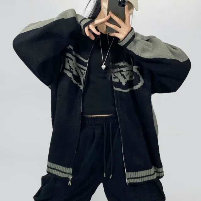 [~3XL] 빈티지 힙무드 박시니트집업💝 배색 나그랑 스트릿/투웨이 남녀공용 커플 빅사이즈 [4070] 상세 이미지 6