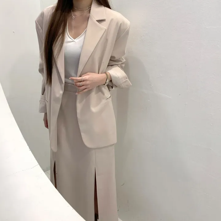 *한정수량원가 SALE* 국내 하이퀄리티 기본 수트 자켓 절개 슬릿 롱 스커트 하객룩 정장 오피스룩 투피스 세트 셋업 2color 상세 이미지 8